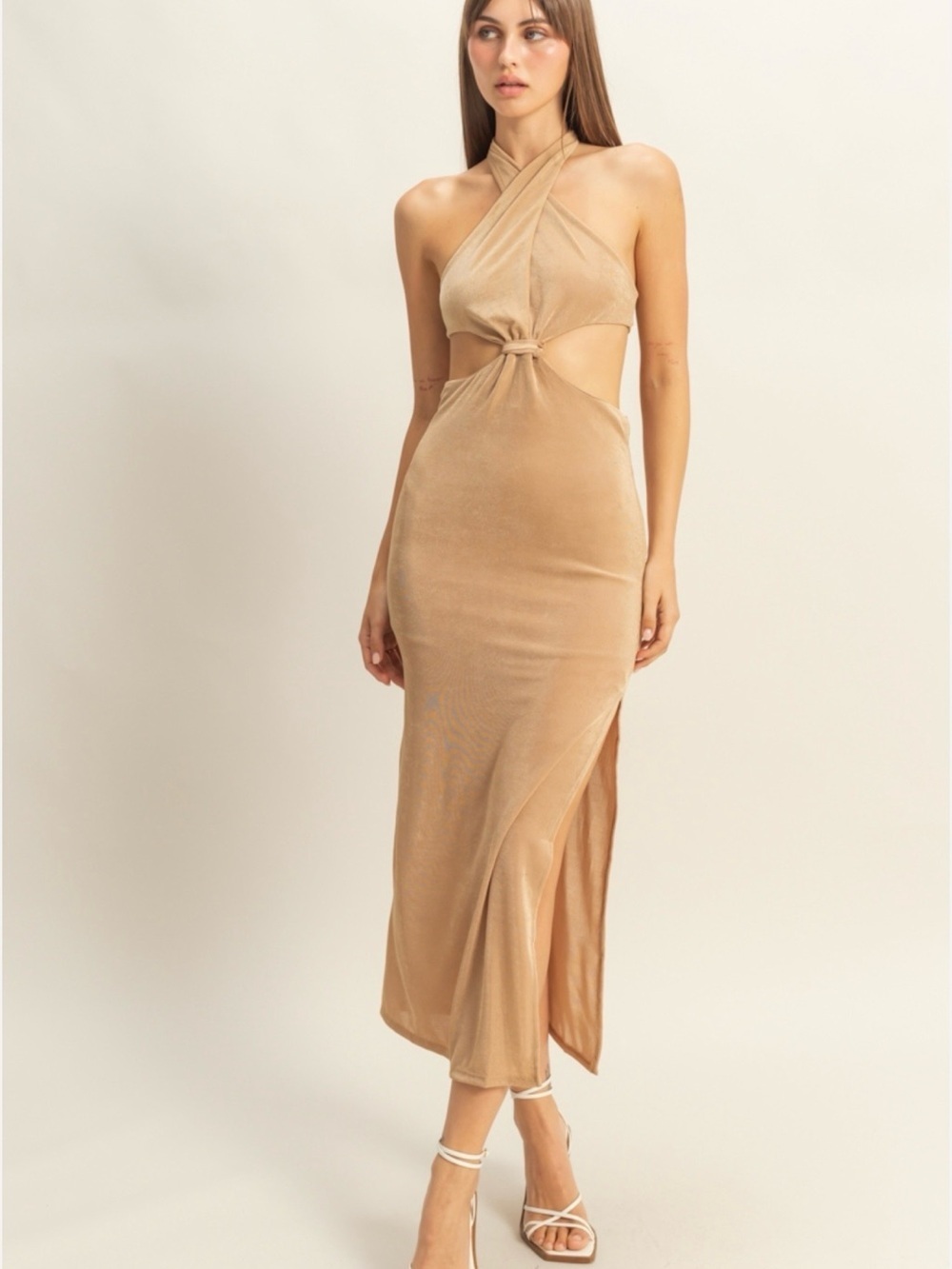 NWT Twist-Knot Cutout Maxi Dress in Camel - Medium - Picture 4 of 5